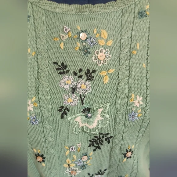 Embroidered Sea Green Short Sleeve Cotton Blend Sweater - Picture 4 of 13